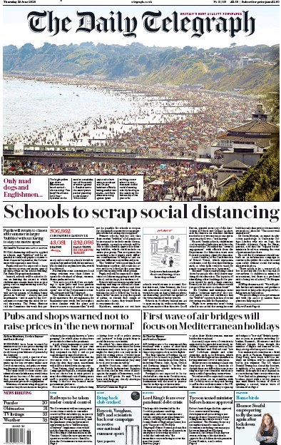 The Daily Telegraph (UK) Newspaper Front Page for 25 June 2020