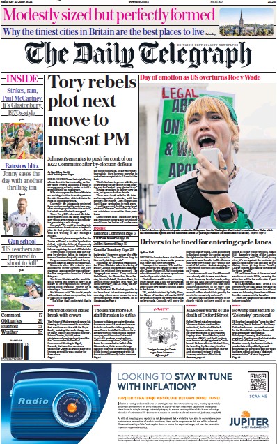The Daily Telegraph (UK) Newspaper Front Page for 25 June 2022