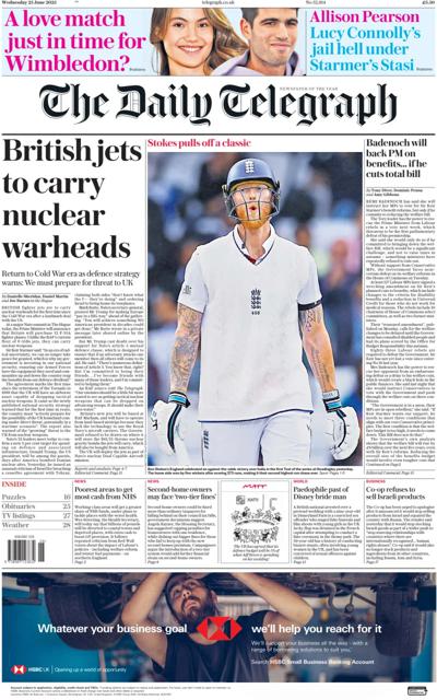 The Daily Telegraph (UK) Newspaper Front Page for 25 June 2025