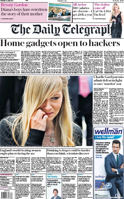 The Daily Telegraph Newspaper Front Page for 25 July 2017