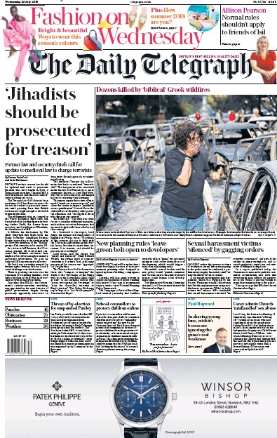 The Daily Telegraph (UK) Newspaper Front Page for 25 July 2018