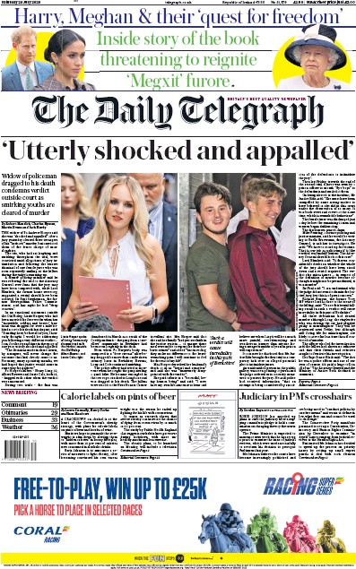 The Daily Telegraph Newspaper Front Page for 25 July 2020