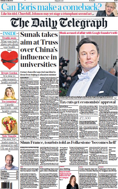 The Daily Telegraph (UK) Newspaper Front Page for 25 July 2022
