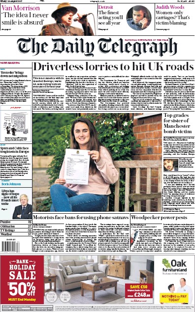 The Daily Telegraph (UK) Newspaper Front Page for 25 August 2017