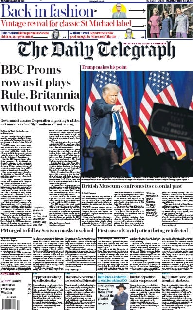 The Daily Telegraph Newspaper Front Page for 25 August 2020