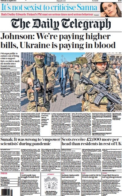 The Daily Telegraph (UK) Newspaper Front Page for 25 August 2022