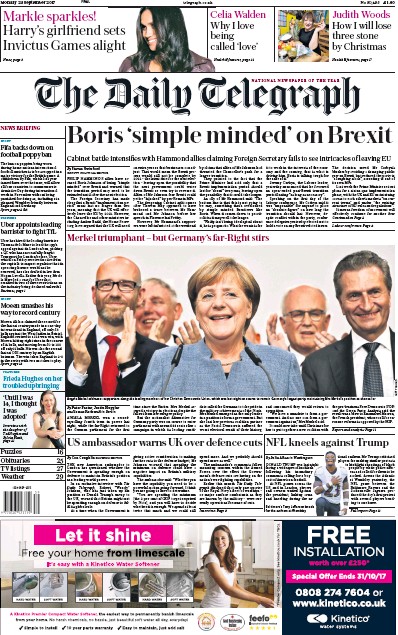The Daily Telegraph Newspaper Front Page for 25 September 2017