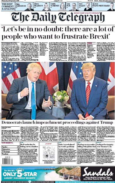 The Daily Telegraph Newspaper Front Page for 25 September 2019