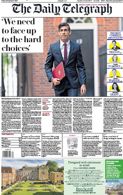 The Daily Telegraph Newspaper Front Page for 25 September 2020