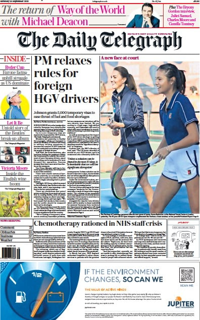 The Daily Telegraph (UK) Newspaper Front Page for 25 September 2021