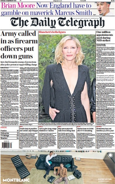 The Daily Telegraph Newspaper Front Page for 25 September 2023