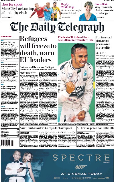 The Daily Telegraph Newspaper Front Page for 26 October 2015