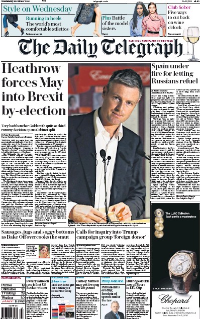 The Daily Telegraph Newspaper Front Page for 26 October 2016