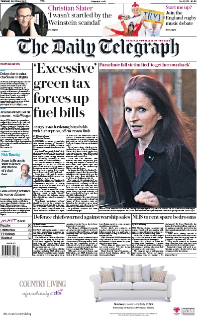 The Daily Telegraph Newspaper Front Page for 26 October 2017
