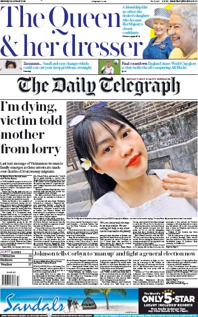 The Daily Telegraph Newspaper Front Page for 26 October 2019