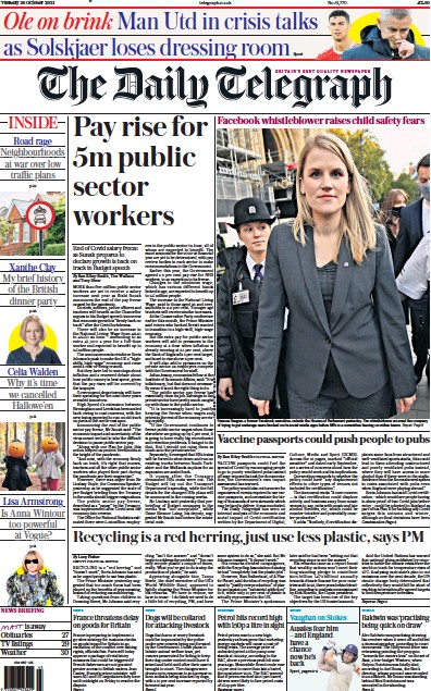 The Daily Telegraph (UK) Newspaper Front Page for 26 October 2021