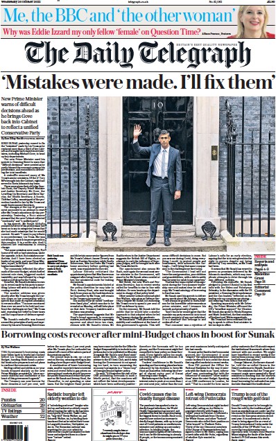 The Daily Telegraph Newspaper Front Page for 26 October 2022