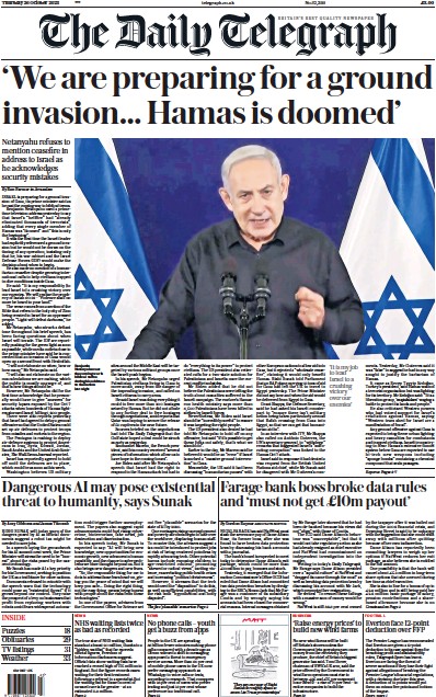 The Daily Telegraph (UK) Newspaper Front Page for 26 October 2023