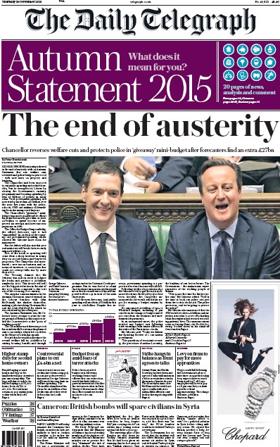 The Daily Telegraph (UK) Newspaper Front Page for 26 November 2015