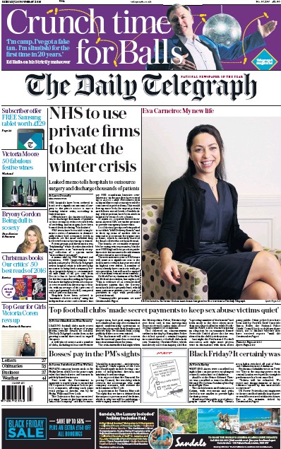 The Daily Telegraph Newspaper Front Page for 26 November 2016