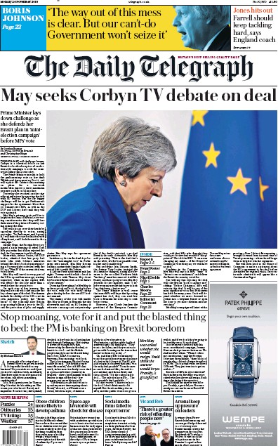 The Daily Telegraph Newspaper Front Page for 26 November 2018