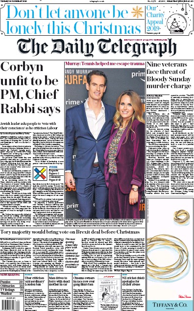The Daily Telegraph Newspaper Front Page for 26 November 2019