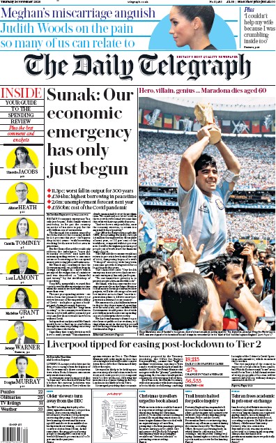 The Daily Telegraph Newspaper Front Page for 26 November 2020