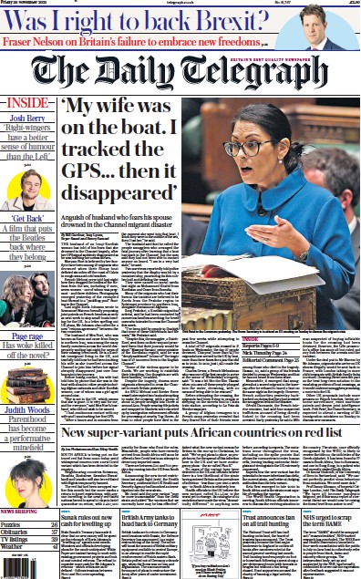 The Daily Telegraph (UK) Newspaper Front Page for 26 November 2021