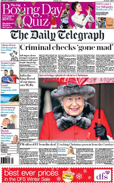 The Daily Telegraph Newspaper Front Page for 26 December 2015