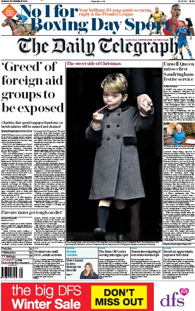 The Daily Telegraph Newspaper Front Page for 26 December 2016