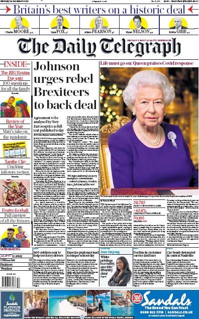 The Daily Telegraph (UK) Newspaper Front Page for 26 December 2020