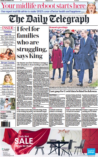 The Daily Telegraph (UK) Newspaper Front Page for 26 December 2022