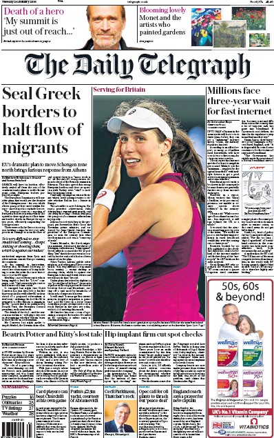 The Daily Telegraph Newspaper Front Page for 26 January 2016