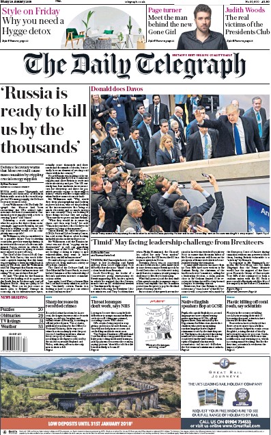 The Daily Telegraph Newspaper Front Page for 26 January 2018
