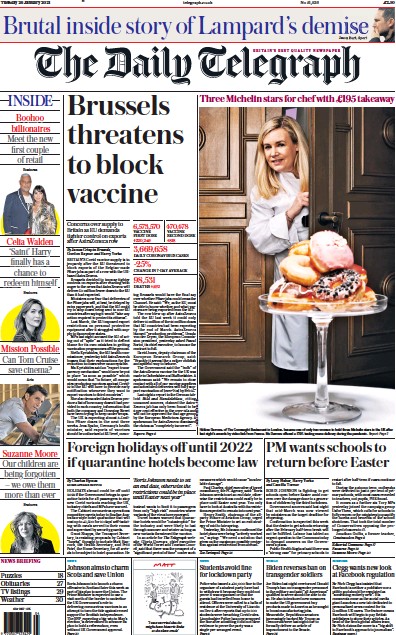 The Daily Telegraph (UK) Newspaper Front Page for 26 January 2021