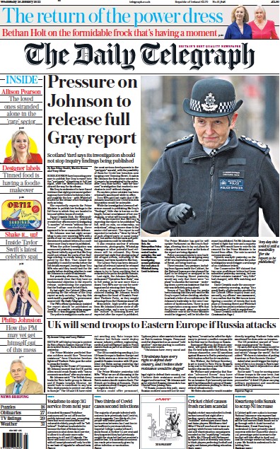 The Daily Telegraph (UK) Newspaper Front Page for 26 January 2022