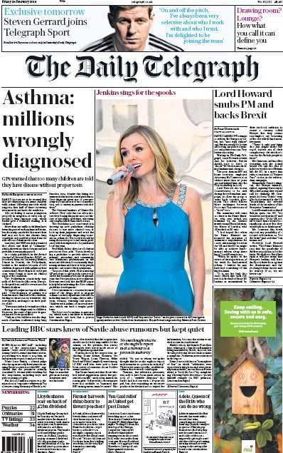 The Daily Telegraph Newspaper Front Page for 26 February 2016
