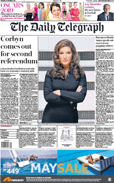 The Daily Telegraph Newspaper Front Page for 26 February 2019