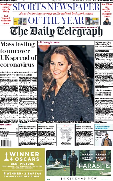The Daily Telegraph (UK) Newspaper Front Page for 26 February 2020