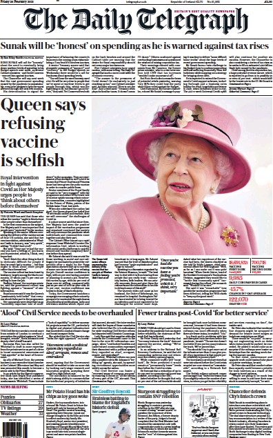 The Daily Telegraph Newspaper Front Page for 26 February 2021