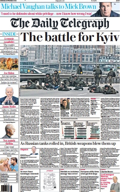 The Daily Telegraph Newspaper Front Page for 26 February 2022