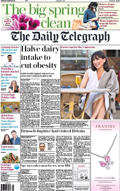 The Daily Telegraph Newspaper Front Page for 26 March 2016