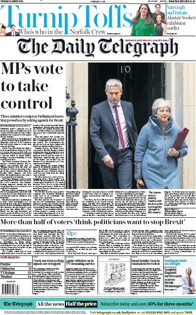 The Daily Telegraph Newspaper Front Page for 26 March 2019