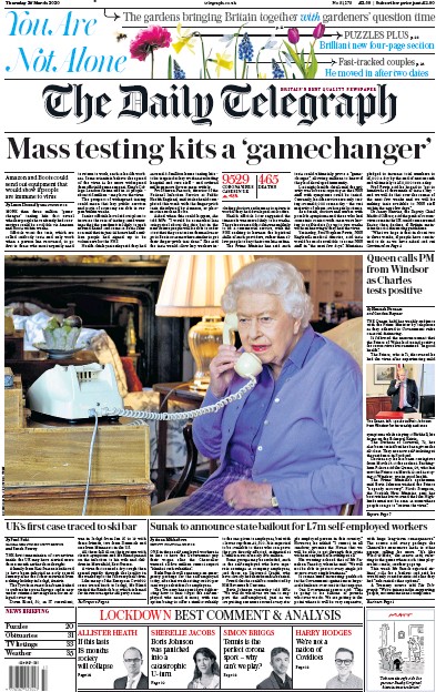 The Daily Telegraph Newspaper Front Page for 26 March 2020