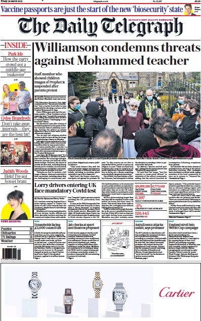 The Daily Telegraph (UK) Newspaper Front Page for 26 March 2021