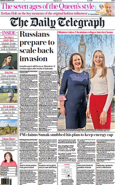 The Daily Telegraph (UK) Newspaper Front Page for 26 March 2022