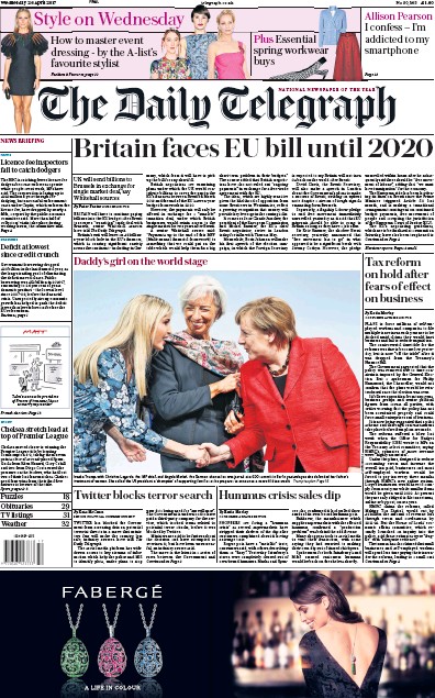 The Daily Telegraph Newspaper Front Page for 26 April 2017