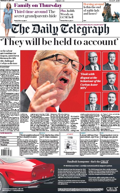 The Daily Telegraph (UK) Newspaper Front Page for 26 April 2018