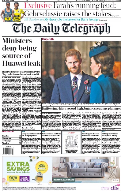 The Daily Telegraph Newspaper Front Page for 26 April 2019