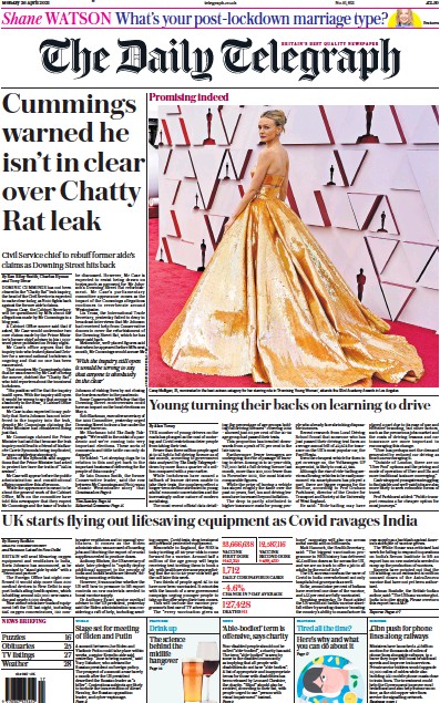The Daily Telegraph (UK) Newspaper Front Page for 26 April 2021